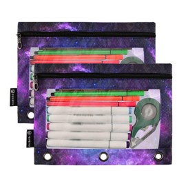 Coikll Starry Galaxy Pencil Pouch Fits Standard 3-Ring Binders, Zipper Binder Pencil Bag with Clear Window for Class Office 2 Pack