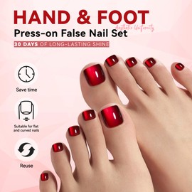 CUZIAM Dark Red Cat Eye Press on Nails Toenails Set, 30Pcs Short Almond Wine Red Soft Gel Magnetic Fake Nails, 24Pcs Glossy Reusable Natural Fit Full Cover Stick on Toenails for Women Gift