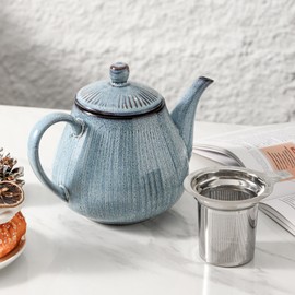 HVH 40 oz Porcelain Teapot with Stainless Steel Infuser, Ceramic Tea pot with Infuser for Loose Tea, Enough For 6 Cups, Striped Series (Wabi sabi)