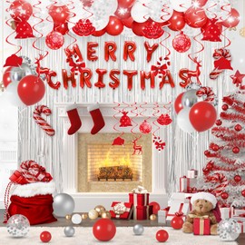 Christmas Party Decorations Kit - Xmas Holiday Party Decor Supplies with Merry Christmas Banner/ Christmas Balloons/ Christmas Hanging Swirls Streamers/ Fringe Curtains & Cane Foil Balloons
