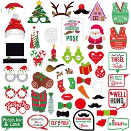 Christmas Photo Booth Props, Merry Christmas Photo Background Posing Props, Christmas Hat Eye Frame Tie Santa Theme Party Photo Props (47PCS)