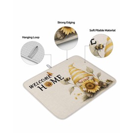 Dish Drying Mat for Kitchen Counter, Funny Gnome Summer Sunflower Absorbent Microfiber Dish Drying Pad Set of 1, Garden Cute Bee Butterfly Coffee Mat Dishes Drainer Mats for Countertop