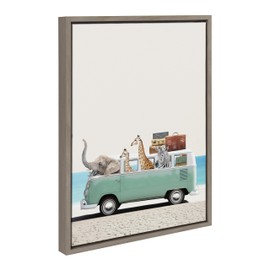 Kate and Laurel Sylvie Summer Animal Adventures Framed Canvas Wall Art by July Art Prints, 18x24 Gray, Zoo Animal Beach Van Wall Decor
