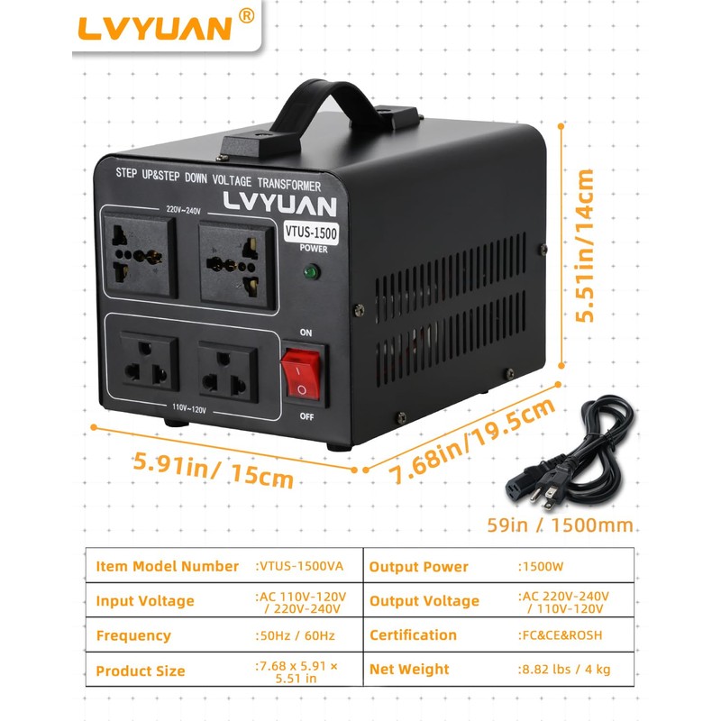 LVYUAN Voltage Converter Transformer 1500 Watt Step Up/Down Convert from