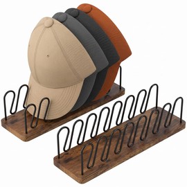 BYCY Hat Organizer for Baseball Caps,2 Pack No Install Wood & Metal Tabletop Hat Holder for 14 Baseball Caps Storage Organizer,Hat Racks Hat Storage Display for Dresser Bedroom Closet (Brown Black)