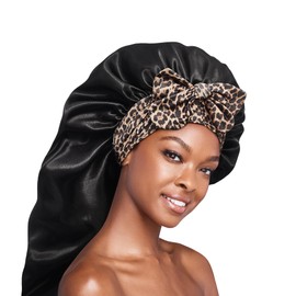 Red by Kiss Silky Satin Tie Bonnet – Adjustable Tie & Elastic for Secure Fit, Protects Natural and Relaxed Hair, Protective Styles, Anti Breakage (Black/Leopard, XL Braid)