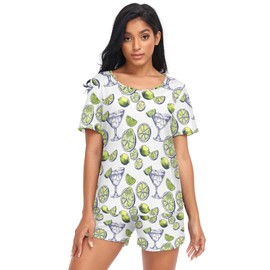 Oarencol Womens Margarita Alcohol Cocktail Lemon Pajama Sets Short Sleeve Sleepwear Soft Comfy Loungewear 2 Piece Pjs Shorts Set M