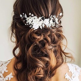 GORAIS Flower Wedding Hair Vine Silver Bridal Hair Piece Pearl Bride Headpieces Hair Accessories for Women and Girls