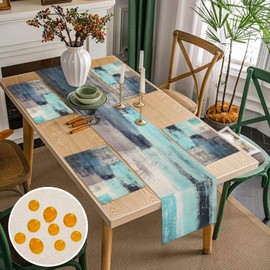 Table Runner and Placemats, Set of 4, Turquoise and Grey Abstract Painting Art Table Decoration Outdoor Weatherproof Table Runner Place Mats Set Washable Polyester Tablecloth for Indoor and Outdoor