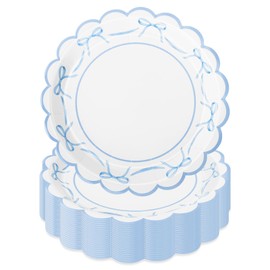 JarThenaAMCS 50Pcs Blue Bow Paper Plate Scalloped Bowknot Disposable Plate 9 Inch Decorative Dinner Plate for Birthday Party Table Decor