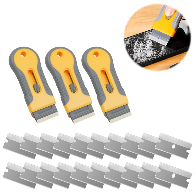 EBQOSK 3 Pack Razor Scraper with 20 Extra Blades, Sticker
