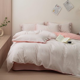 Striped Bedding Duvet Cover Set Queen White 100% Washed Cotton Duvet Cover Pink Grey Stripes Pattern Comforter Cover 3 Pieces Cotton Linen Feel Striped Duvet Cover with 2 Pillowcases