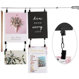 Juego de 2 varillas de alambre ajustables de acero inoxidable con 48 clips negros para tapiz, fotos, arte y exhibición de manualidades de 5 m