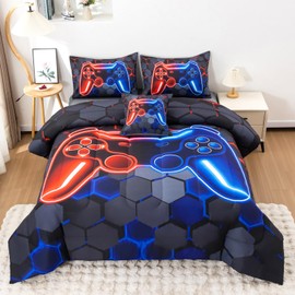 KEYROAL 6Pcs Gamer Comforter Set with Sheets for Boys Girls Kids Teens, Colorful Gaming Themed Bed in A Bag Twin Size, Black 3D Video Game Controller Bedroom Decor Bedding Set