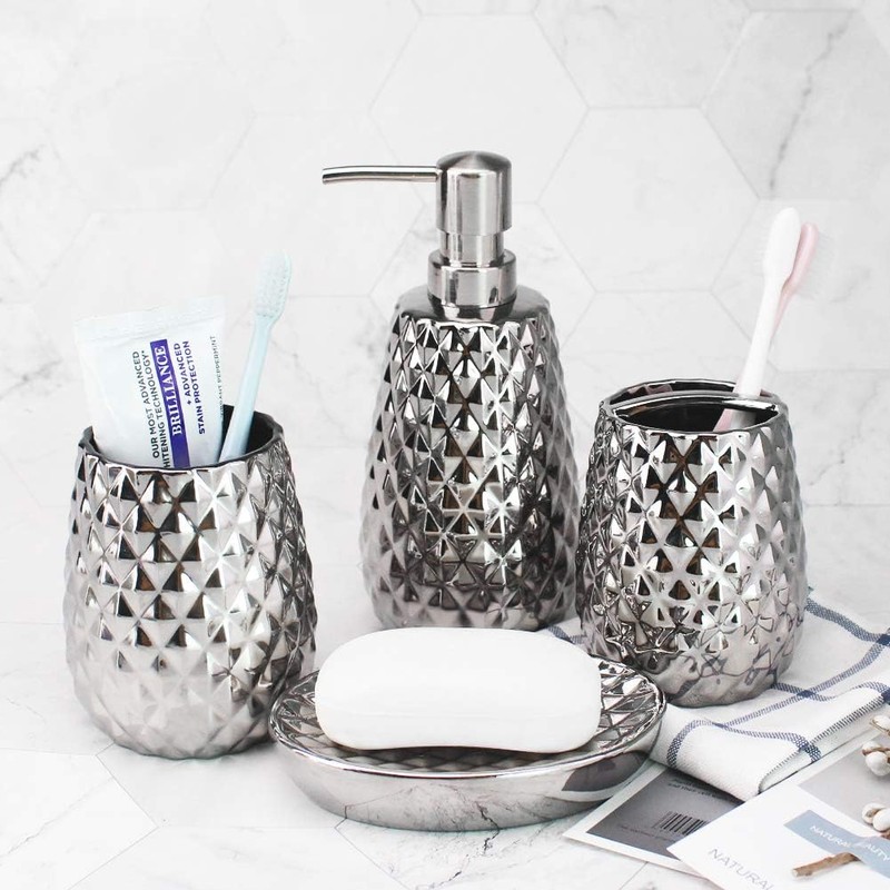 Silver Bathroom Accessories Set, Moroccan Trellis Bathroom Ensemble Complete Sets