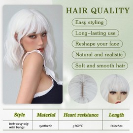 noxozoqm Short Bob Wigs with Bangs for Women White Loose Wavy Wig Curly Wavy Shoulder Length Bob Synthetic Cosplay Wig for Girl Colorful Costume Wigs