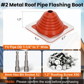 #2 Metal Roof Pipe Flashing Boot, Metal Roofing Pipe Flashing Boot Fits Pipe OD 1-1/4" to 3" Wide, Includes Flexible High Temp Silicone Chimney Boot, Hex Socket x2, Roofing Screw x50, Square Base, Red