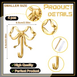 Lineshading 4 Pcs Gold Bow Knot Hooks Brass Bow Christmas Wall Door Hanger Towel Hooks Brass Coat Hanger Decorative Holder for Christmas Wedding Bathroom Living Room Kitchen Decor (S)