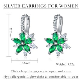 Josfeva Silver Hoop Earrings for Women, White Gold Plated Double Flower Hoop Earring with Green Cubic Zirconia, Hypoallergenic Cartilage Hoops Ear Rings Hanging, Dangle Ear Jewellery for Women Girl