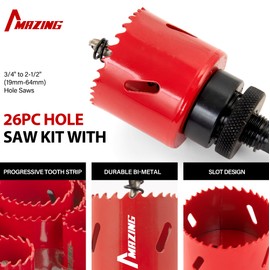 MAZING 26PCS Bi-Metal Hole Saw Kit, Hole Saw Set with 3/4" to 2-1/2" (19mm-64mm) Saw Blades, Hole Cutter with Carrying Case, Ideal for Steel, Aluminium, Wood, PVC