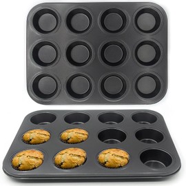 Pack of 2 Baking Moulds for 12 Muffins, Non-Stick Muffin Tray, Carbon Steel Cake Mould, Mini Muffin Mould Tray, Round Baking Moulds for Rolls, Cupcakes, Brownies, Pudding, Basic Baking (Black)