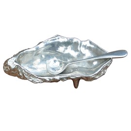 Fine Pewter Salt Bowl with Simple Spoon, Handcast from an Oyster Shell by William Sturt