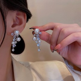 Aneneiceera Pearl Zircon Earrings Pearl Crystal Tassel Drop Earrings Silver Wedding Pearl Multi Beads Cluster Chandelier Dangle Earrings Statement Bridal Pearl Rhinestone Stud Earrings For Women,