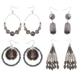 Coiris 4 Pairs Earring Set for Women Grey Fringe Dangle Pendant Earrings/Hoop Beaded Earrings (ES1007-Grey)