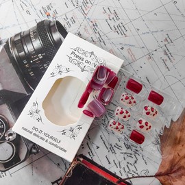 Heart Red Press on Nails Short Square Fake Nails with Designs Glossy Velvet False Nails Heart Nails Press on Acrylic Nails Valentines Glue on Nails Rhinestones Nude Stick on Nails for Women 24Pcs