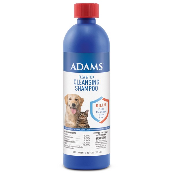 Adams Flea & Tick Cleansing Shampoo | Flea and Tick Treatment for Dogs, Cats, Puppies, and Kittens 12 Weeks and Older | Kills Flea Eggs, Fleas, Brown Dog Ticks, American Dog Ticks, and Lice | 12 Oz