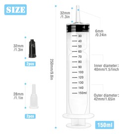 Syringe 150 ml, 2 Pack Syringes Large Plastic Measuring Syringe with Tube with Adapter for Fluid Oil Suction, Nutrient Measuring, Refilling, Animal Feeding