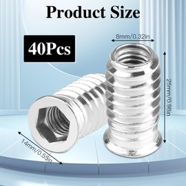 Pack of 40 Screw Nuts M8 x 25 mm, Hex Hexagon Socket Thread Insert Wood, Screw-In Sleeves Made of Galvanised Steel Zinc Alloy Screw Sleeve Thread Insert M8 for Wooden Furniture