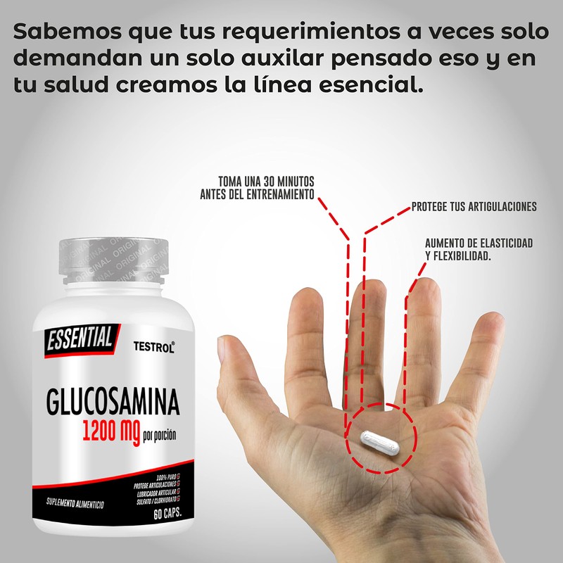 TESTROL. Glucosamina Essential 1200 mg Flexibilidad, Salud Articular y Ligamentos.