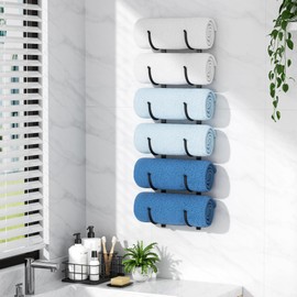 Josmimic Bathroom Rolled Towel Rack: 6-Tier Wall Mounted Towel Storage Holder, Hanging Organizer for Towels, Blankets, Large Bath Sheets, Space Saving in RV, Closet, Toilet, Cabinet, Black