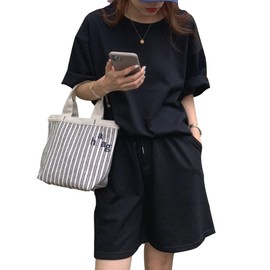 Icyrain Women's Sweatshirt, Loungewear, Sportswear, Loungewear, Summer Clothing, Short Sleeve Set, Top and Bottom Set, Loose Fit, Short Sleeve Jersey, Half Sleeves, Shot Pants, Korean Style, Plain, Easy to Use, 02 black