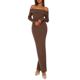 PRETTYGARDEN Women's 2025 Fall Sweater Dress Long Sleeve Off Shoulder Slit Maxi Bodycon Cocktail Party Dresses (Dark Brown,Medium)