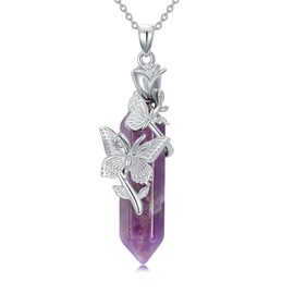 AOBOCO 925 Sterling Silver Butterfly & Flower Necklace with Amethyst Crystal Point - 30mm Pendant, 18+2 Inch Adjustable O-Link Chain, Elegant Purple Crystal Jewelry Gift for Women