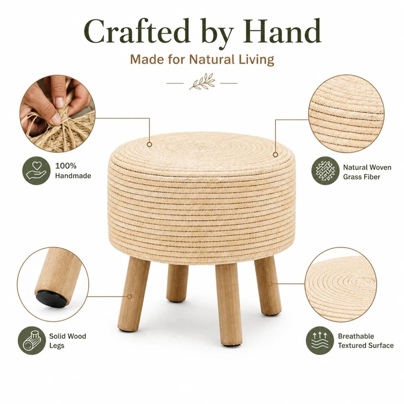 Wimarsbon Pouf Ottoman, Round Footstool with 4 Wood Leg, Handmade