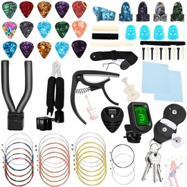 Kit de 70 Piezas Accesorios para Guitarra, Kit para Guitarra Acustica, incluyendo cuerda de guitarra acustica, Afinador, Púas para Guitarra, Herramienta de Retención 3 en 1 y Más es el regalo perfecto