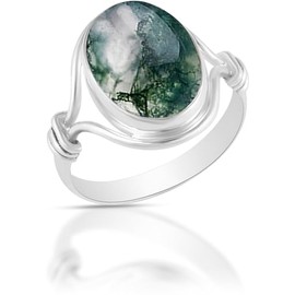 925 Sterling Silver Ring For Women & Girls Genuine Moss Agate Ring Sterling Silver Statement Ring Bezel Set Gemstone Ring
