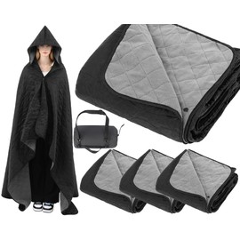 4 Pack Outdoor Waterproof Stadium Blanket 79x55 Inch Hooded Fleece Camping Blanket with Portable Bag for Camping, Picnics, Sports, Pet, Beach, Stadium, Travel, Car (Black)