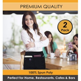 Brtex Server Aprons with 5 Pockets (2 Pack) – Commercial Grade Black Waist Aprons for Women Men – Restaurants Cafes Bars Home & Kitchen Apron 24x12 Fits Every Waist, Black, 24 x 12 inch