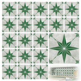 20 Pieces Tile Stickers, Classic Eight-Pointed Star Tile Stickers, Green and White Tile Stickers, Backsplash Wall Art Decal for Kitchen DIY Decoration (Green)