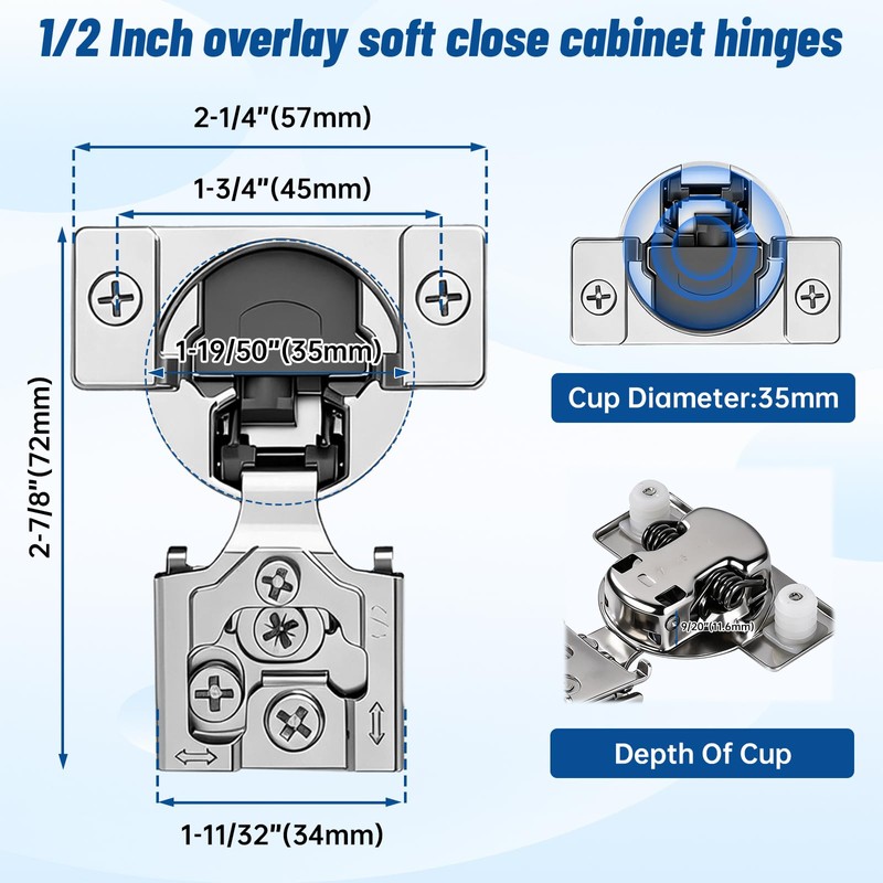 10Pack (5 Pairs) 1/2 inch Overlay Soft Close Door Hinges,TopDirect
