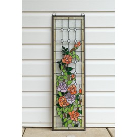 10" x 35.5" Handcrafted Hanging Stained Glass Window Panel Rose Flowers