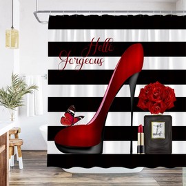 QWRSMYX Black White Geometric Shower Curtain Red High Heel Perfume Bottle Lipstick Romantic Love Fashion Modern Woman Girls Decor Polyester Fabric Bathroom Set with Hooks 70Wx70H Inch