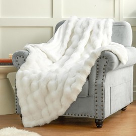 Plush & Plaid Faux Fur Throw Blanket for Couch Sofa, Fuzzy Soft Thick Bubble Blanket for Bedroom Living Room, 50 by 60 inches, White