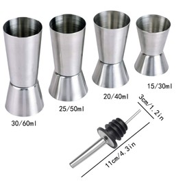 Jicyor 4 Stück 3cl/4cl/5cl/6cl Messbecher Cocktail, Messbecher Edelstahl,Doppelmass Jigger Messbecher mit 4 Flaschenausgießer,Doppelmaß für Bar Party Wein und Drink Shaker