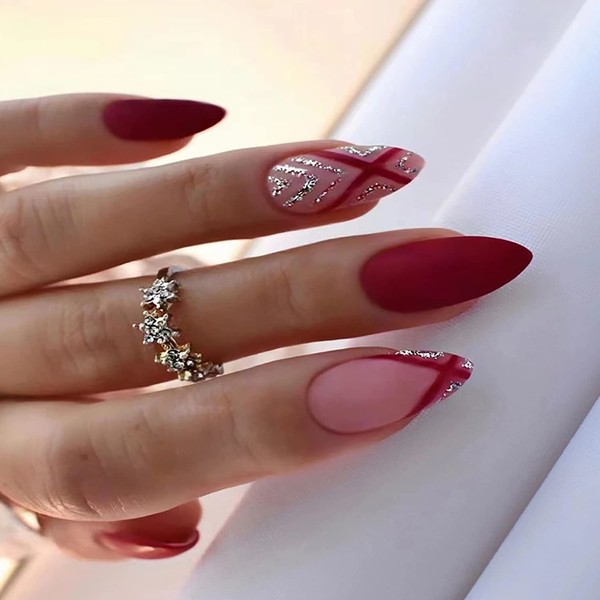 Red French Press on Nails Almond Medium Artificial Acrylic Fake