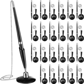 Zonon 24 Pieces Secure Pen with Chain Security Pen Holder Counter with Adhesive Chain and Base Black Ink for Reception Office Bank Work Hotel School Lobbies Retail Stores Home Supplies